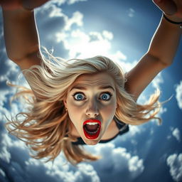 A sexy blonde woman with striking blue eyes and vibrant red lips, captured in mid-fall from the sky, her hair flowing beautifully around her