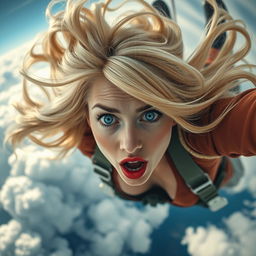 A sexy blonde woman with striking blue eyes and vibrant red lips, captured in mid-fall from the sky, her hair flowing beautifully around her