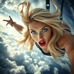 A sexy blonde woman with striking blue eyes and vibrant red lips, captured in mid-fall from the sky, her hair flowing beautifully around her