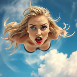 A sexy blonde woman with striking blue eyes and bold red lips, falling gracefully from the sky