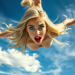 A sexy blonde woman with striking blue eyes and bold red lips, falling gracefully from the sky