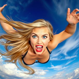 A sexy blonde woman with striking blue eyes and bold red lips, falling gracefully from the sky