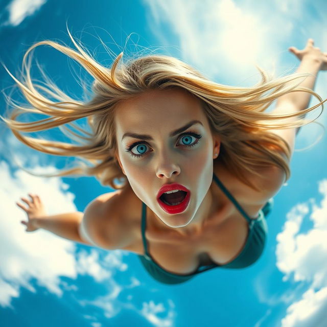 A sexy blonde woman with striking blue eyes and bold red lips, falling gracefully from the sky