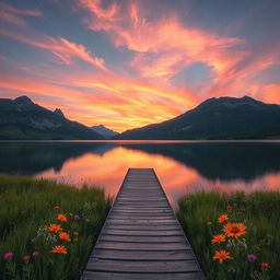 A serene landscape during golden hour, showcasing a tranquil lake surrounded by majestic mountains