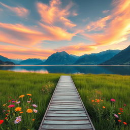 A serene landscape during golden hour, showcasing a tranquil lake surrounded by majestic mountains