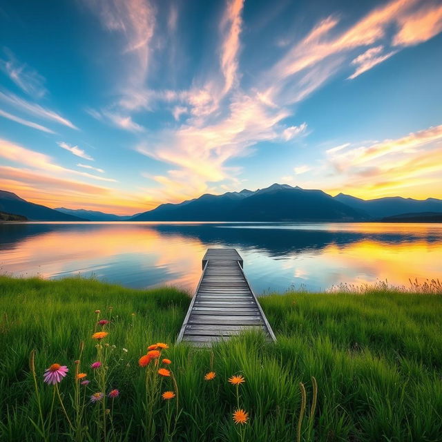 A serene landscape during golden hour, showcasing a tranquil lake surrounded by majestic mountains