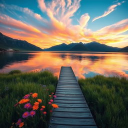 A serene landscape during golden hour, showcasing a tranquil lake surrounded by majestic mountains