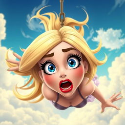 A sexy blonde 3D toon woman with striking blue eyes and luscious red lips, falling from the sky