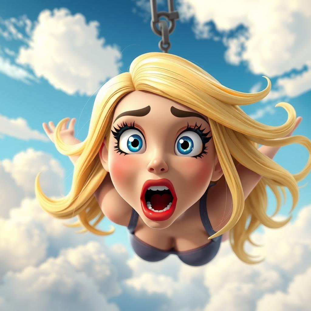 A sexy blonde 3D toon woman with striking blue eyes and luscious red lips, falling from the sky