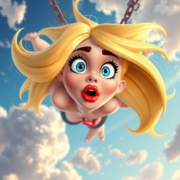 A sexy blonde 3D toon woman with striking blue eyes and luscious red lips, falling from the sky
