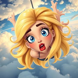 A sexy blonde 3D toon woman with striking blue eyes and luscious red lips, falling from the sky