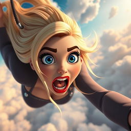 A sexy blonde 3D toon woman with striking blue eyes and vibrant red lips, her hair flowing dramatically as she falls from the sky