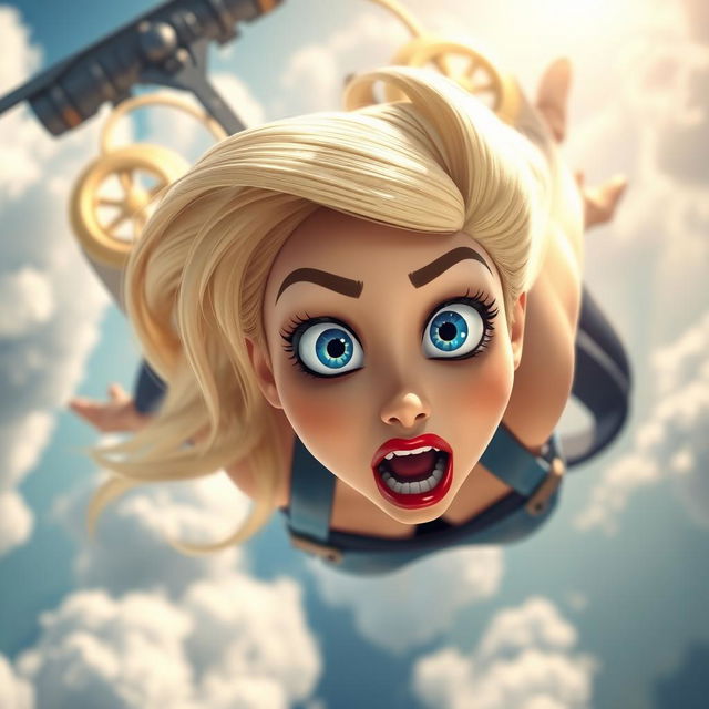 A sexy blonde 3D toon woman with striking blue eyes and vibrant red lips, her hair flowing dramatically as she falls from the sky