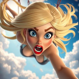 A sexy blonde 3D toon woman with striking blue eyes and vibrant red lips, her hair flowing dramatically as she falls from the sky