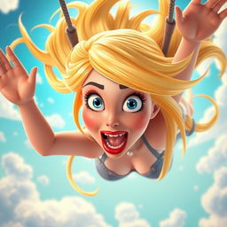 A sexy blonde 3D toon woman with striking blue eyes and vibrant red lips, her hair flowing dramatically as she falls from the sky