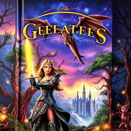 A captivating fantasy book cover featuring a mystical forest filled with ancient, towering trees and glowing magical creatures