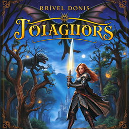 A captivating fantasy book cover featuring a mystical forest filled with ancient, towering trees and glowing magical creatures