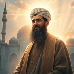 A depiction of Imam Mahdi, dressed in traditional Islamic attire, surrounded by an aura of divine light