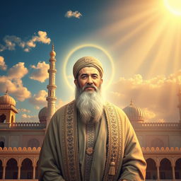 A depiction of Imam Mahdi, dressed in traditional Islamic attire, surrounded by an aura of divine light