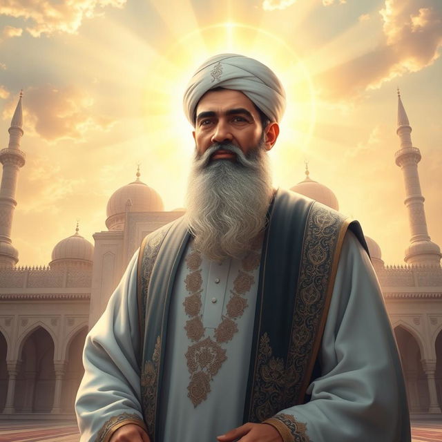 A depiction of Imam Mahdi, dressed in traditional Islamic attire, surrounded by an aura of divine light