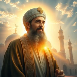 A depiction of Imam Mahdi, dressed in traditional Islamic attire, surrounded by an aura of divine light