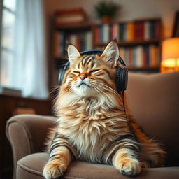 A cute cat sitting comfortably on a cozy armchair, wearing stylish headphones, and listening to music with a relaxed expression