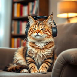 A cute cat sitting comfortably on a cozy armchair, wearing stylish headphones, and listening to music with a relaxed expression