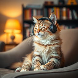 A cute cat sitting comfortably on a cozy armchair, wearing stylish headphones, and listening to music with a relaxed expression