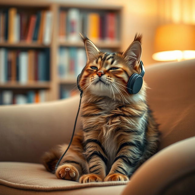 A cute cat sitting comfortably on a cozy armchair, wearing stylish headphones, and listening to music with a relaxed expression