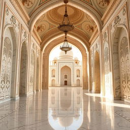 An exquisite interior view of the Taj Mahal, featuring elegant marble inlays and intricate carvings