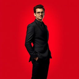 A stylish person standing confidently in a sleek black suit against a vibrant red background
