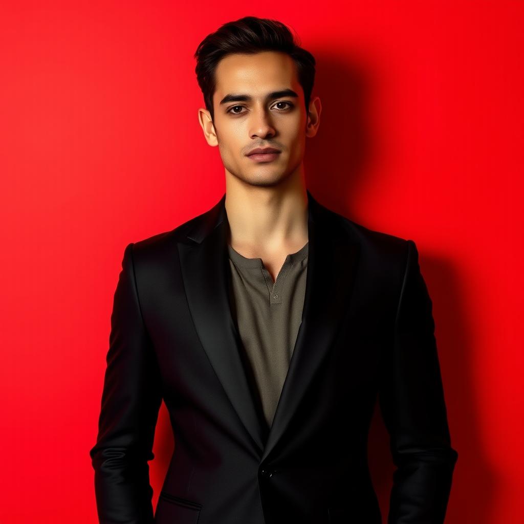 A stylish person standing confidently in a sleek black suit against a vibrant red background