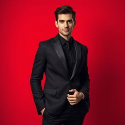 A stylish person standing confidently in a sleek black suit against a vibrant red background