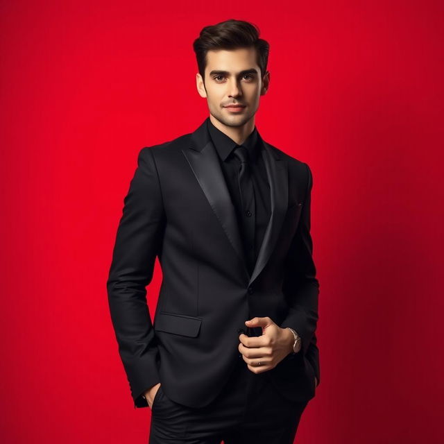 A stylish person standing confidently in a sleek black suit against a vibrant red background