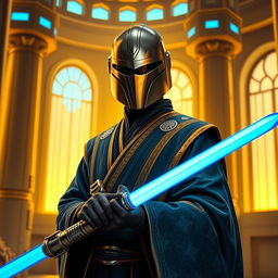 A fierce Jedi Temple Guard standing in a majestic temple