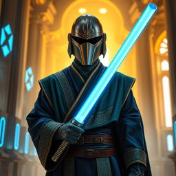A fierce Jedi Temple Guard standing in a majestic temple