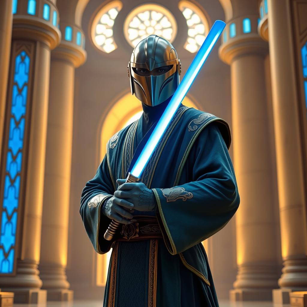 A fierce Jedi Temple Guard standing in a majestic temple
