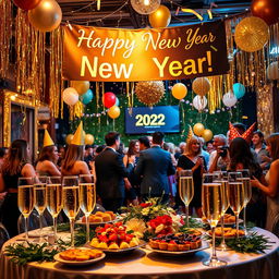 A festive New Year celebration scene set in a beautifully decorated venue