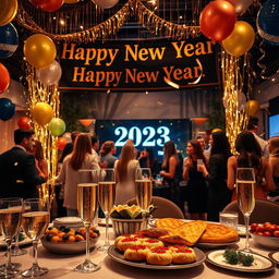 A festive New Year celebration scene set in a beautifully decorated venue