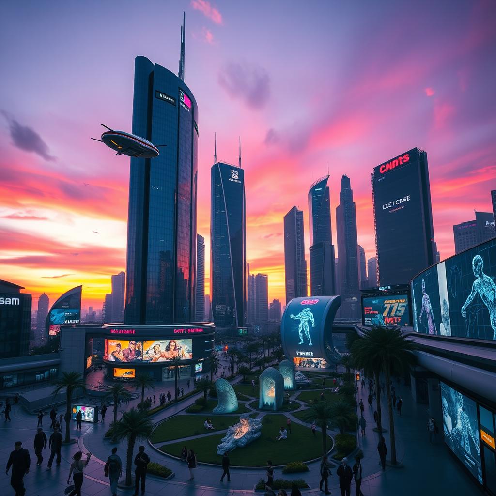 A futuristic city skyline at dusk, featuring towering skyscrapers with neon lights reflecting off glass surfaces