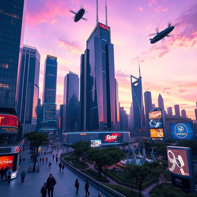 A futuristic city skyline at dusk, featuring towering skyscrapers with neon lights reflecting off glass surfaces