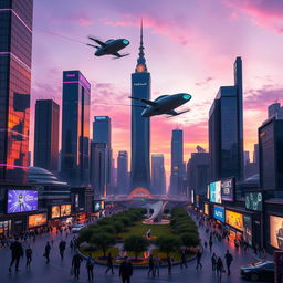 A futuristic city skyline at dusk, featuring towering skyscrapers with neon lights reflecting off glass surfaces
