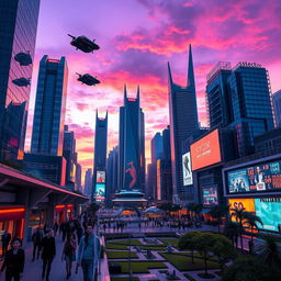 A futuristic city skyline at dusk, featuring towering skyscrapers with neon lights reflecting off glass surfaces