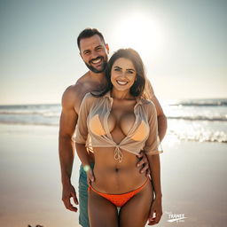 A hot couple photoshoot set on a sunny beach, featuring a 25-year-old Arab woman wearing a transparent, wet short shirt over her bikini, showcasing her navel