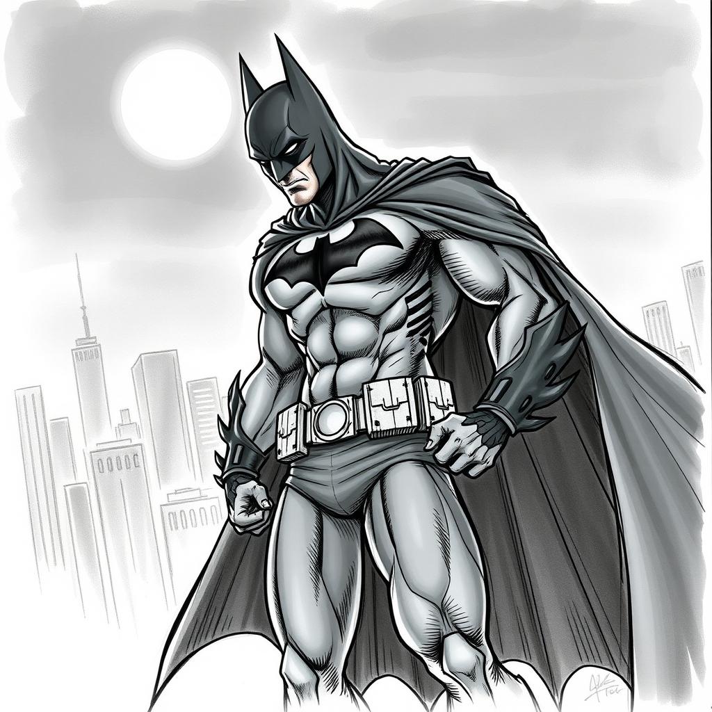 A detailed sketch of Batman in a dynamic pose, showcasing his iconic cape billowing behind him and the Bat symbol clearly visible on his chest