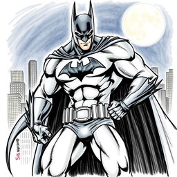 A detailed sketch of Batman in a dynamic pose, showcasing his iconic cape billowing behind him and the Bat symbol clearly visible on his chest