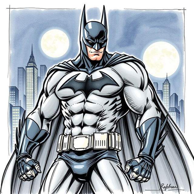 A detailed sketch of Batman in a dynamic pose, showcasing his iconic cape billowing behind him and the Bat symbol clearly visible on his chest