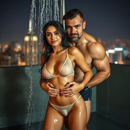 A hot couple photoshoot set at night on a rooftop shower, featuring a 22-year-old Arab woman wearing a transparent, wet latex bikini that highlights her navel