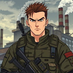 A serious special forces soldier named Andrew Strela, in the style of 90's anime, with a facial expression resembling Guts from Berserk