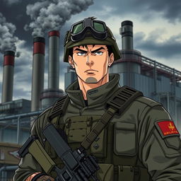 A serious special forces soldier named Andrew Strela, in the style of 90's anime, with a facial expression resembling Guts from Berserk